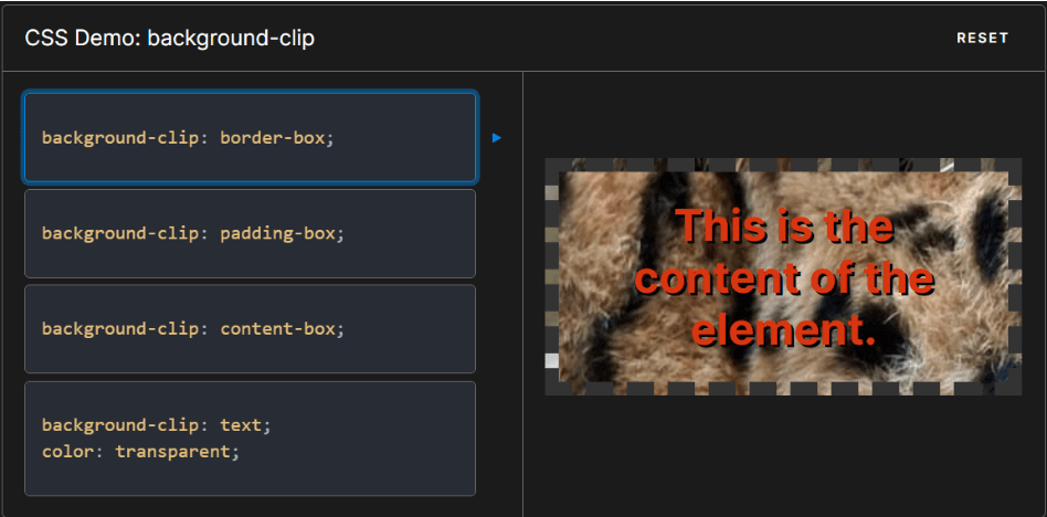 Background clip examples with border-box one selected