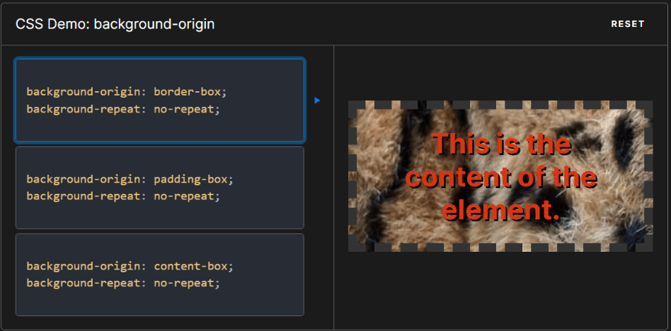 Background origin examples with border-box one selected