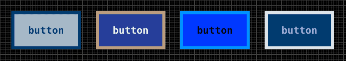 Four button examples with different border color background color and text color on a dark background