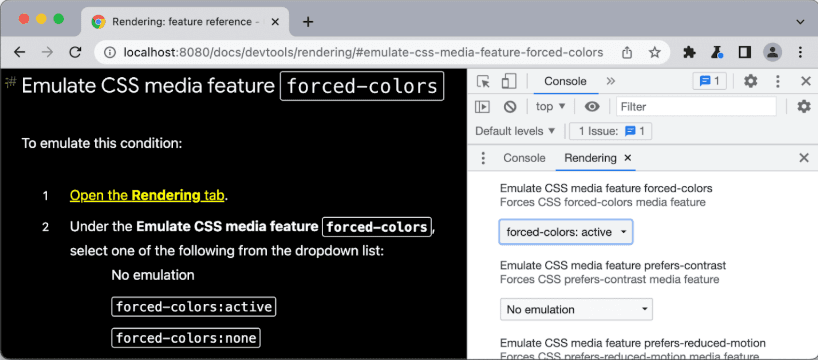 Activation of forced-colors on Chrome DevTools 