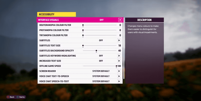 Forza Horizon 5 video game accessibility menu includes color-blindness and different subtitle options 