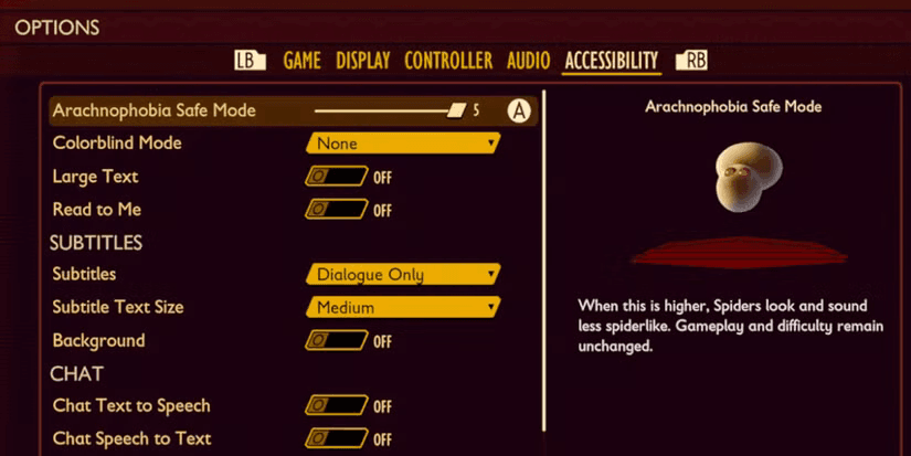 Grounded video game accessibility menu includes arachnophobia safe option
